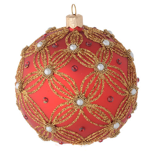 Weihnachtskugel aus mundgeblasenem Glas Grundton Rot mit goldenen Verzierungen und Perlen 100 mm 4