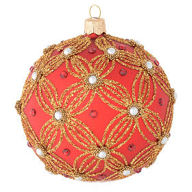 Bola de Navidad de vidrio soplado rojo con perlas y decoraciones oro 100 mm