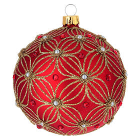 Bola de Navidad de vidrio soplado rojo con perlas y decoraciones oro 100 mm