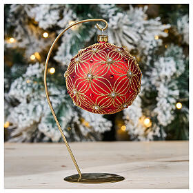 Bola de Navidad de vidrio soplado rojo con perlas y decoraciones oro 100 mm