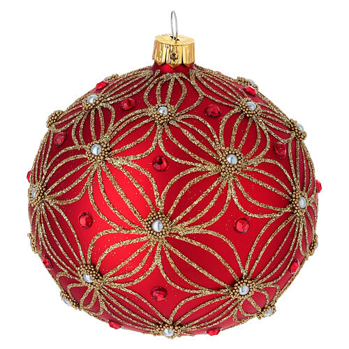 Boule verre soufflé rouge perles et or 100 mm 3