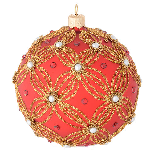 Bauble in red and gold blown glass with pearls 100mm 1