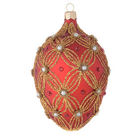 Bola de Navidad  oval de vidrio soplado rojo con perlas y decoraciones oro 130 mm