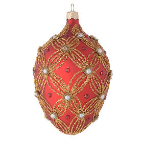 Bola de Navidad  oval de vidrio soplado rojo con perlas y decoraciones oro 130 mm