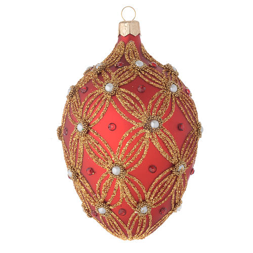 Bola de Navidad  oval de vidrio soplado rojo con perlas y decoraciones oro 130 mm 1