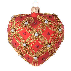 Heart Shaped bauble in red and gold blown glass with pearls 100mm