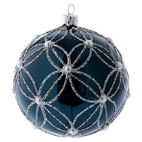 Bauble in blue blown glass with pearls and silver decorations 100mm