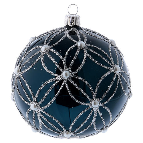 Bauble in blue blown glass with pearls and silver decorations 100mm 1