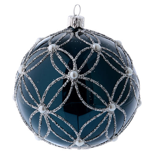 Bauble in blue blown glass with pearls and silver decorations 100mm 2