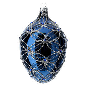 Oval bauble in blue blown glass with pearls and silver decorations 100mm