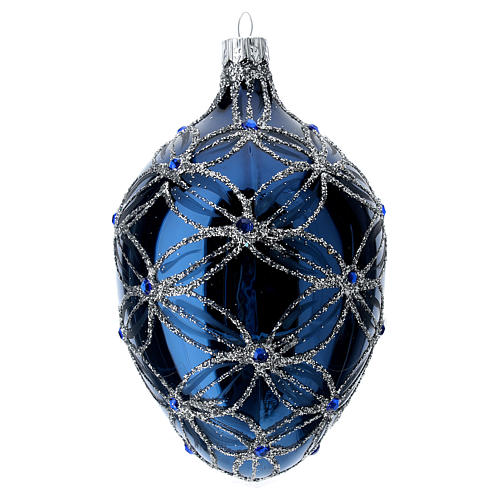 Oval bauble in blue blown glass with pearls and silver decorations 100mm 2