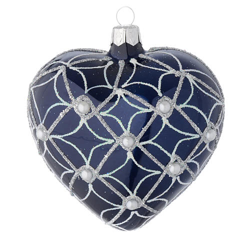 Heart Shaped bauble in blue blown glass with pearls and silver decorations 100mm 1