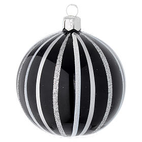 Bauble in black blown glass with silver stripes 80mm