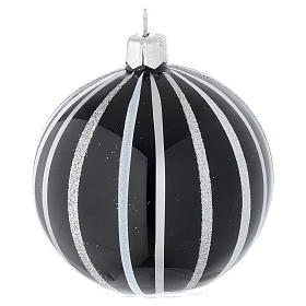 Bauble in black blown glass with silver stripes 80mm