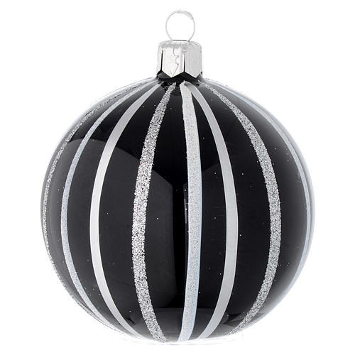 Bauble in black blown glass with silver stripes 80mm 1