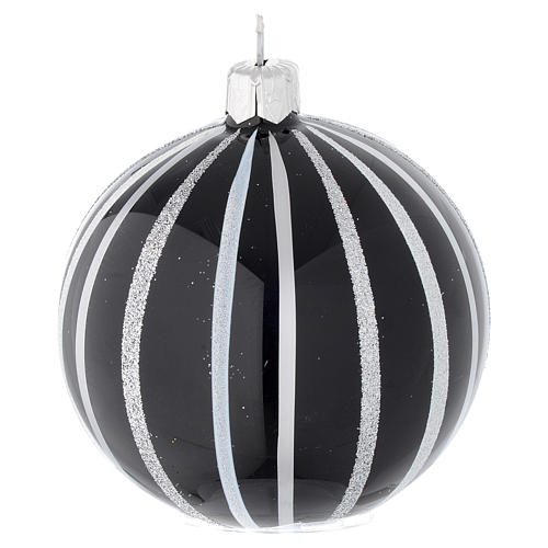 Bola de Navidad de vidrio soplado negro con rayas plata 80 mm 2