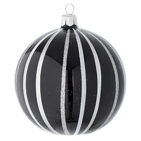 Bauble in black blown glass with silver stripes 100mm