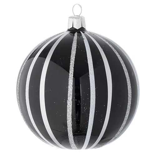 Bauble in black blown glass with silver stripes 100mm 1