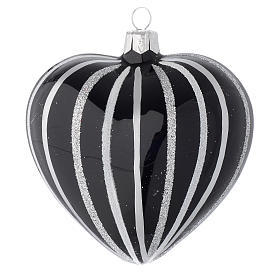 Heart Shaped Bauble in black blown glass with silver stripes 100mm
