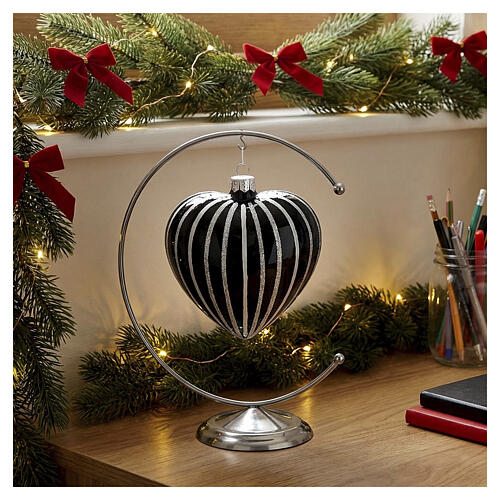 Bola de Navidad corazón de vidrio soplado negro con rayas plata 100 mm 2