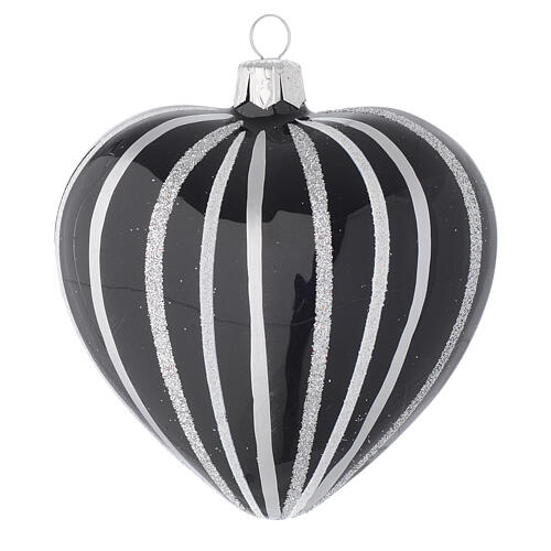 Bola de Navidad corazón de vidrio soplado negro con rayas plata 100 mm 3