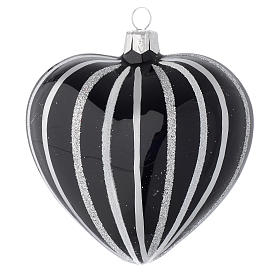 Coeur en verre noir rayures argent 100 mm