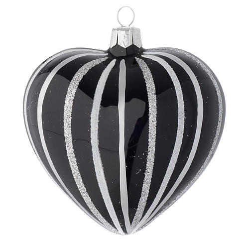 Heart Shaped Bauble in black blown glass with silver stripes 100mm 1