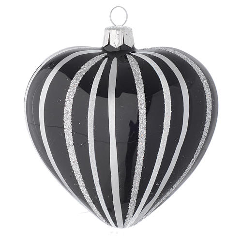 Heart Shaped Bauble in black blown glass with silver stripes 100mm 2