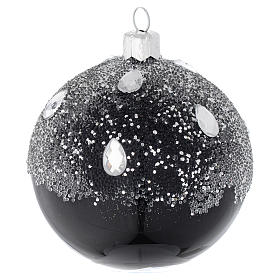 Bauble in black blown glass with glitter 80mm