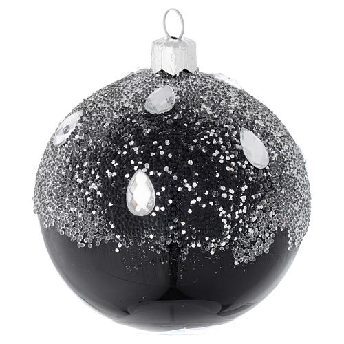 Bauble in black blown glass with glitter 80mm 2