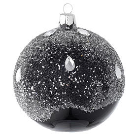 Bauble in black blown glass with glitter 100mm