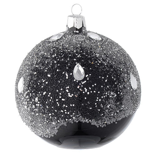 Bauble in black blown glass with glitter 100mm 2