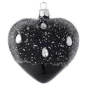 Bola de Navidad corazón de vidrio soplado negro y glitters 100 mm