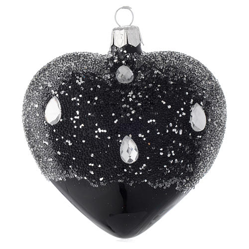 Bola de Navidad corazón de vidrio soplado negro y glitters 100 mm 2
