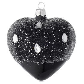 Heart Shaped Bauble in black blown glass with glitters 100mm
