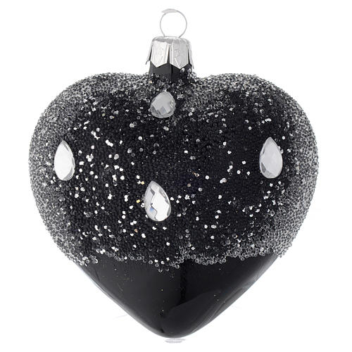 Heart Shaped Bauble in black blown glass with glitters 100mm 1