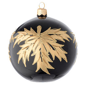 Weihnachtskugel aus mundgeblasenem Glas, Grundton Schwarz, verziert mit goldfarbenen Blättern, 100 mm