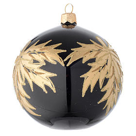 Weihnachtskugel aus mundgeblasenem Glas, Grundton Schwarz, verziert mit goldfarbenen Blättern, 100 mm