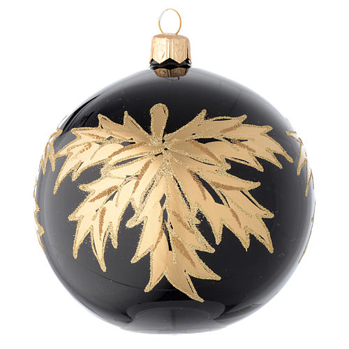 Weihnachtskugel aus mundgeblasenem Glas, Grundton Schwarz, verziert mit goldfarbenen Blättern, 100 mm 1