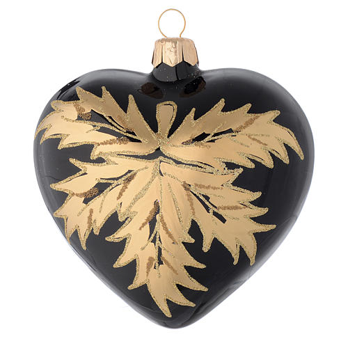 Heart Shaped Bauble in black blown glass with gold leaf 100mm 1