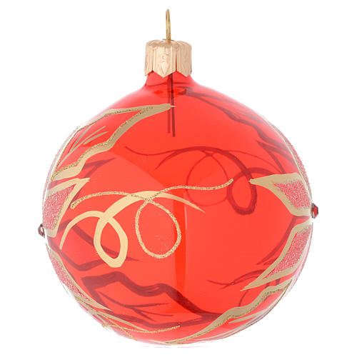 Bauble in red blown glass with poinsettia 80mm 2