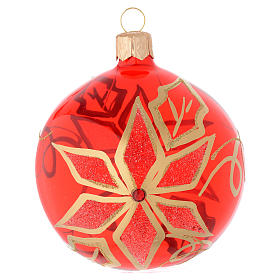 Bauble in red blown glass with poinsettia 80mm