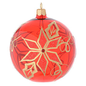 Bauble in red blown glass with poinsettia 100mm