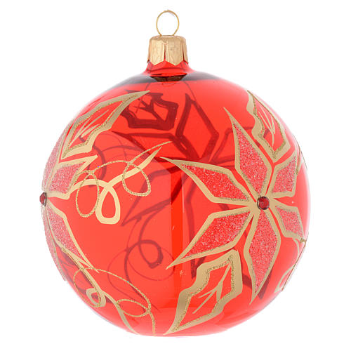 Bauble in red blown glass with poinsettia 100mm 2