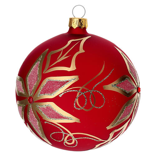 Bauble in red blown glass with poinsettia 100mm 4