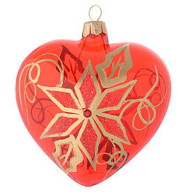 Heart Shaped Bauble in red blown glass with poinsettia 100mm