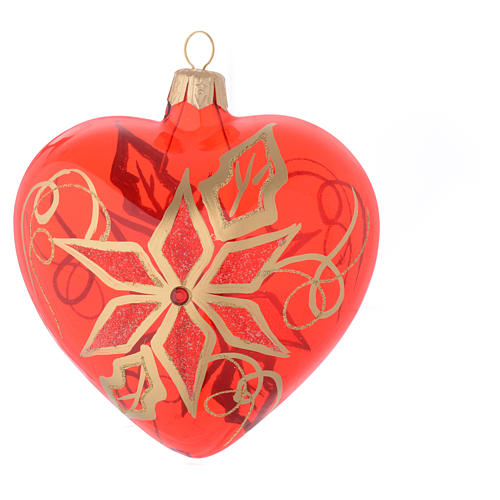 Heart Shaped Bauble in red blown glass with poinsettia 100mm 2