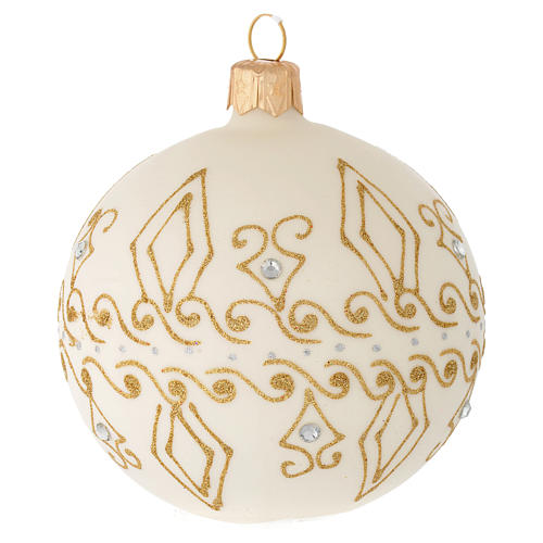 Bauble in beige blown glass with gold decorations 80mm 1