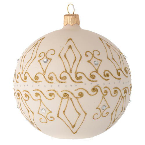 Bauble in beige blown glass with gold decorations 100mm 2