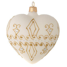 Heart Shaped Bauble in beige blown glass with gold decorations 100mm